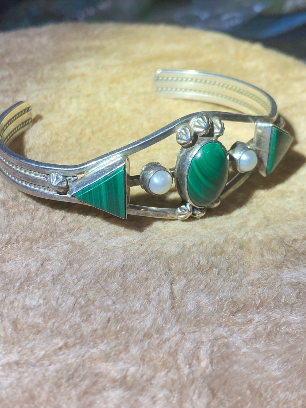 Navajo James Shay 20g 6.75" Sterling Malachite Faux Pearl Cuff Bracelet Native